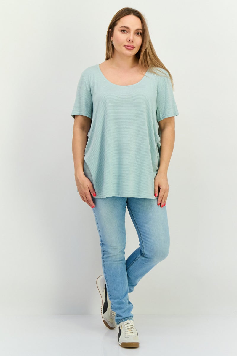 Fire & Glory Women Round Neck Short Sleeves Tripped T-Shirt, Sage Green - Image 3